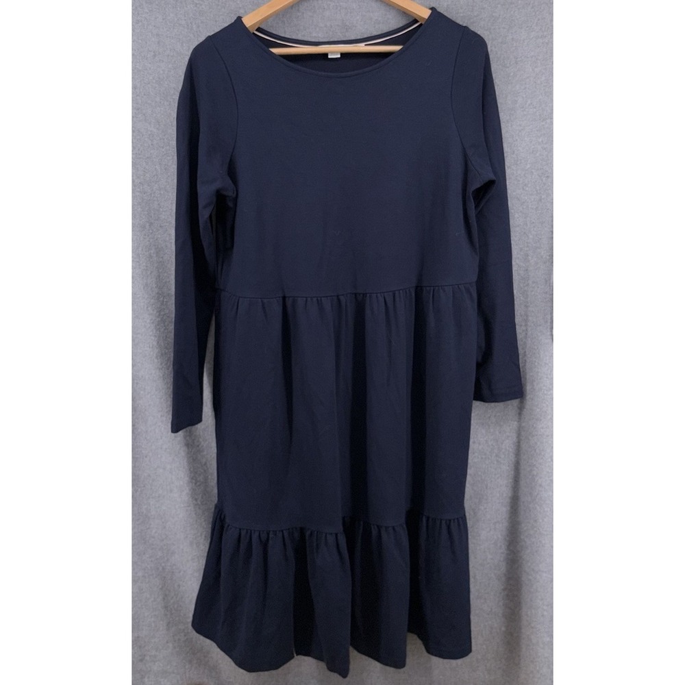 BODEN Navy Blue Jersey Knit Dress Long Sleeve Tiered Skirt 12